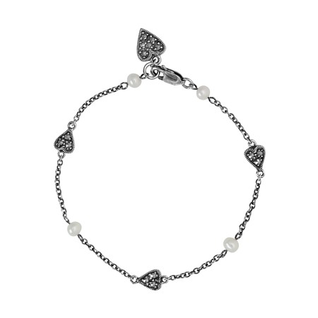 Marcasite Hearts and Pearl Sterling Bracelet - Click Image to Close